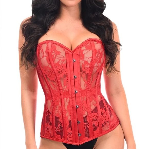 FINAL PRICE! Red Lace Corset Romantic Glam Lace Up Waist Cincher Size Large - Picture 5 of 16